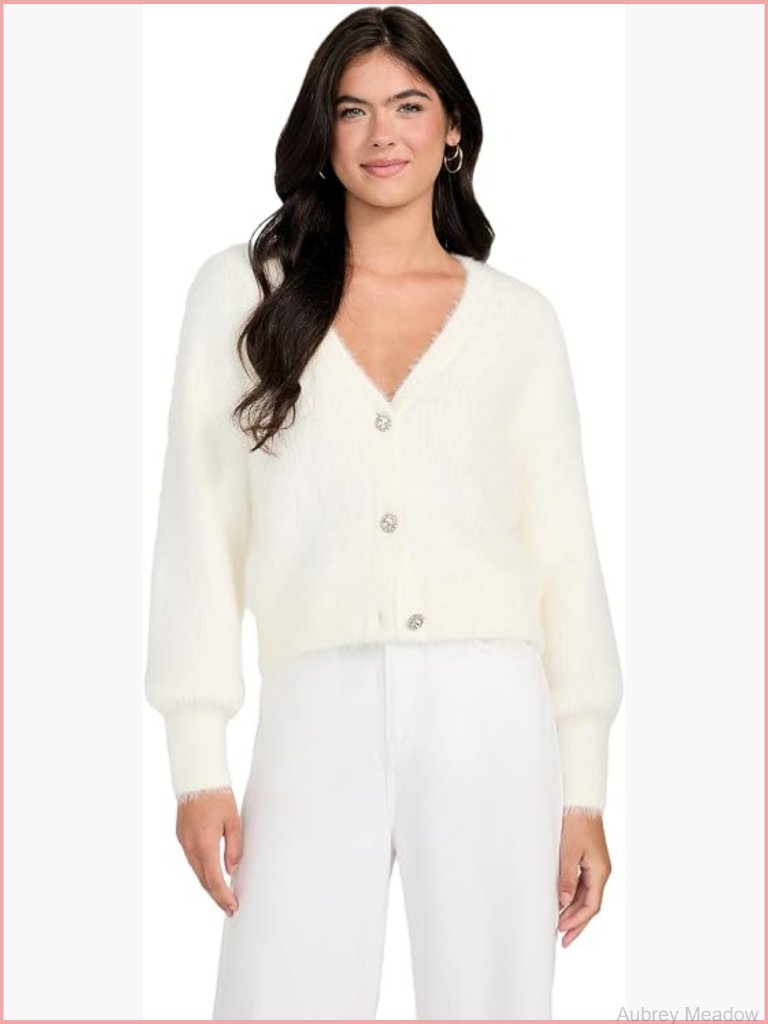 Long Sleeve V-Neck Cardigan Sweater With Rhinestone Buttons